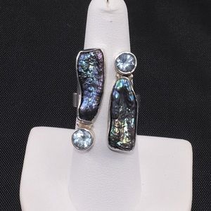 Blue topaz and biwa pearl ring, sterling silver